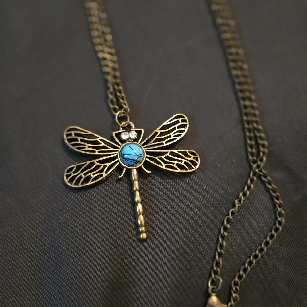 Antique Bronze Dragonfly Necklace with Turquoise Accent